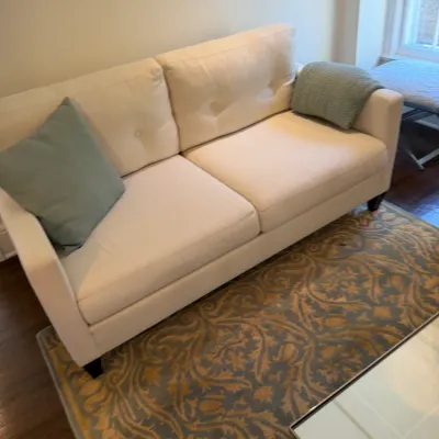 Sale Photo Thumbnail #132: Contemporary cream upholstered loveseat with button-tufted back cushions, paired with light blue accent pillows and sitting atop a patterned area rug.