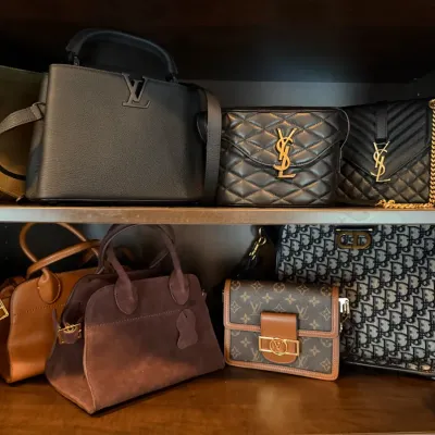 Collection of luxury designer handbags displayed on dark wooden shelving, featuring styles from Louis Vuitton, Saint Laurent, and...