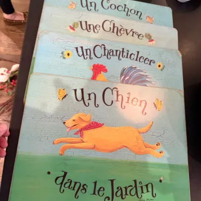 Sale Photo Thumbnail #196: Set of four French country style placemats featuring illustrations of farm animals by Julie Huber.
