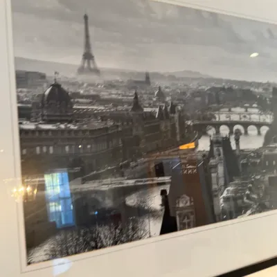 Sale Photo Thumbnail #139: Framed black and white photographic print depicting a panoramic view of Paris featuring the Eiffel Tower and the Seine River.