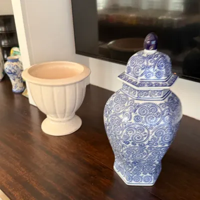 Sale Photo Thumbnail #151: Blue and white ceramic ginger jar with swirl pattern alongside an off-white fluted pedestal planter, displayed on a dark wood surface.