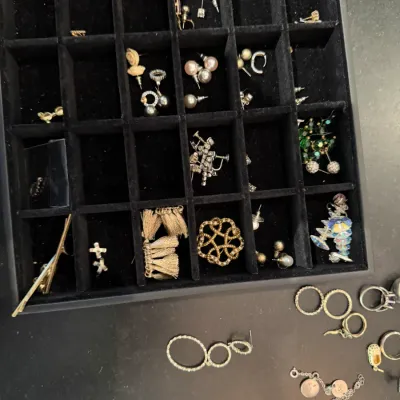 Sale Photo Thumbnail #206: Black velvet compartment tray filled with assorted costume jewelry including stud earrings, dangle earrings, brooches, and rings.