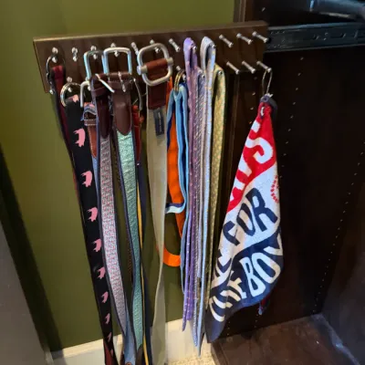 Wall-mounted wooden belt rack loaded with preppy style patterned fabric and leather belts, neckties, and a printed towel.