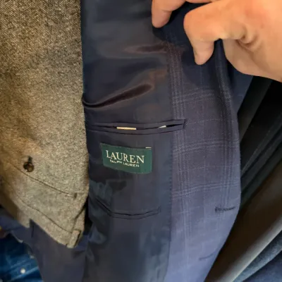 Sale Photo Thumbnail #243: Lauren Ralph Lauren men's plaid suit jacket displaying the inner green brand label and lining.