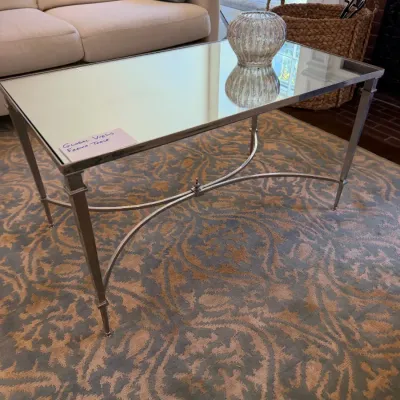 Sale Photo Thumbnail #237: Global Views French-style mirrored top coffee table featuring a silvered metal frame with curved cross-stretchers.