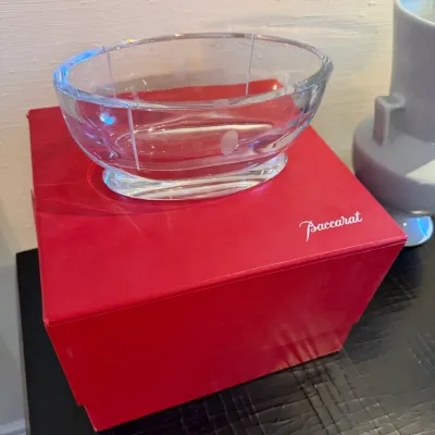 Sale Photo Thumbnail #125: Baccarat clear crystal oval bowl with subtle frosted polka dot and line pattern, displayed atop its original red signature box.