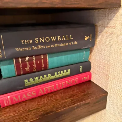 Sale Photo Thumbnail #255: Stack of hardback non-fiction books including 'The Snowball' and Howard Stern's 'Private Parts', arranged on a wooden shelf.