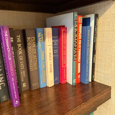 Sale Photo Thumbnail #249: Collection of assorted modern hardcover books, including fiction and non-fiction titles, neatly arranged on a wooden shelf.