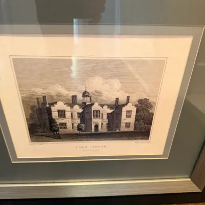 Framed antique architectural engraving titled 'Ford House', set under glass with double matting in a brushed metallic frame.