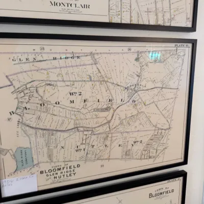 Sale Photo Thumbnail #119: Framed antique 1906 Essex County atlas map plates showing Bloomfield, Glen Ridge, Montclair, and Nutley, New Jersey.