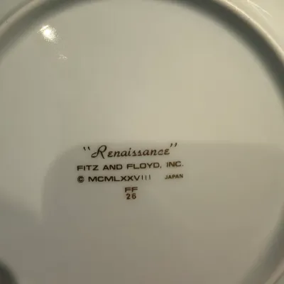 Sale Photo Thumbnail #189: Underside maker's mark on a Fitz and Floyd "Renaissance" pattern ceramic dish, dated 1978 and made in Japan.