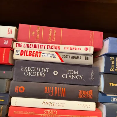 Sale Photo Thumbnail #251: Stack of hardcover fiction and non-fiction books on a wooden shelf, including titles by Tom Clancy, Elizabeth Kostova, and Larry McMurtry.