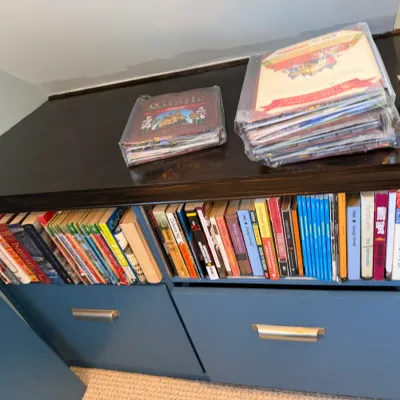 Blue built-in or modular bookcase cabinet filled with books and sealed paper collectibles displayed on top.