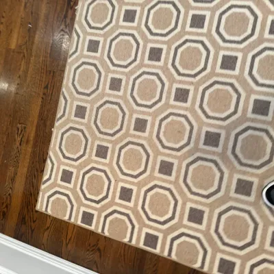 Sale Photo Thumbnail #212: Contemporary geometric area rug featuring an octagonal grid pattern in neutral beige and brown tones, lying on a hardwood floor.