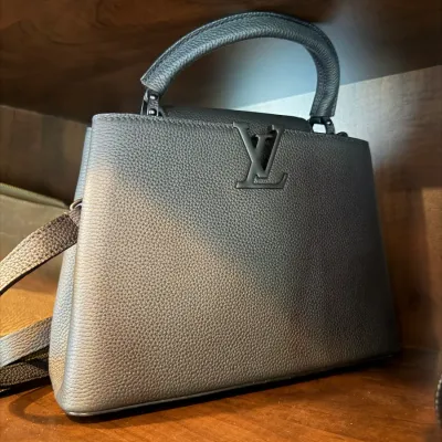 Louis Vuitton Capucines handbag in grey pebbled leather with matching metallic hardware, sitting on a wooden shelf.