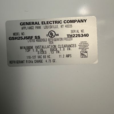 Manufacturer label for a General Electric refrigerator/freezer showing model number GSH25JSRF SS and serial number TH225340.