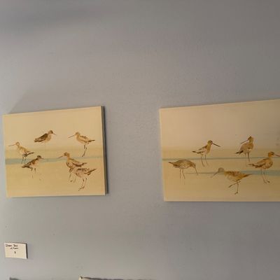 Pair of unframed canvas wall prints depicting shorebirds along a sandy beach scene.