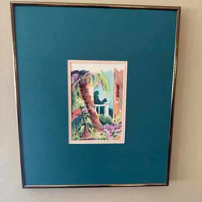Framed original watercolor painting depicting a tropical landscape with a palm tree, featuring a pink inner border and a wide teal mat in...