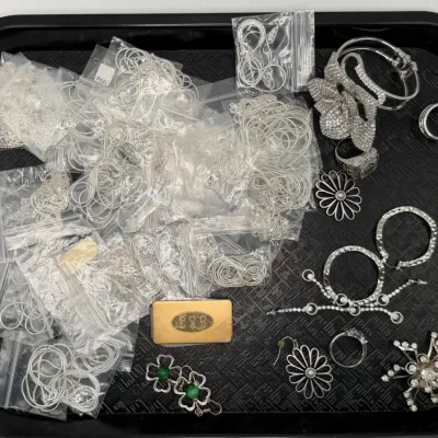 Vintage Estate Silver Tone Costume Jewelry Mixed Lot - Chains Rings Brooches Case