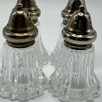 Vintage Leonard Crystal & Silverplate Salt and Pepper Shakers - Set of 4