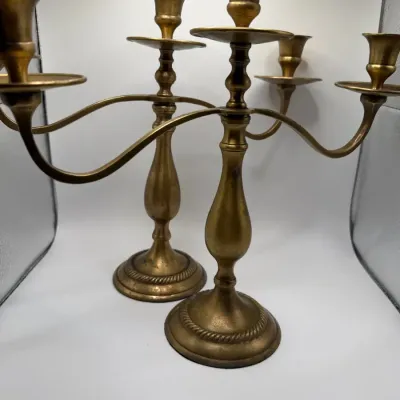 Pair of 5-Arm Brass Candelabras – 11.5" Ornate Mid-Century Candle Style Holders