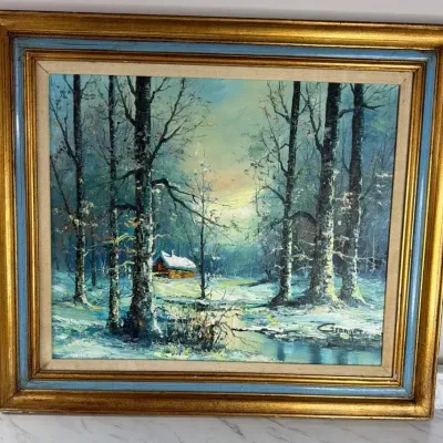 Winter Scene Wall Painting With Cabin Original
