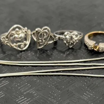 Vintage Sterling Silver 925 Jewelry Lot 5pc - 3 Heart Rings, Seta Gold Vermeil Ring, Snake Chain Nec