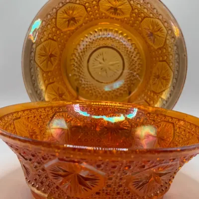 Vintage Imperial Glass Marigold Carnival Glass 7" Star Medallion Bowls - Pair