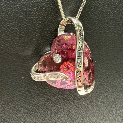 925 Sterling Silver "I Love You Forever" Pink Crystal Heart Pendant Necklace Italy Box Chain