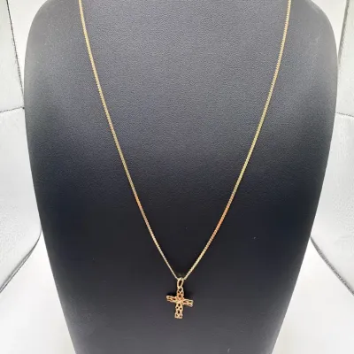 Stunning 14K Solid Yellow Gold Ornate Filigree Cross Pendant & Italy Box Chain Necklace Set