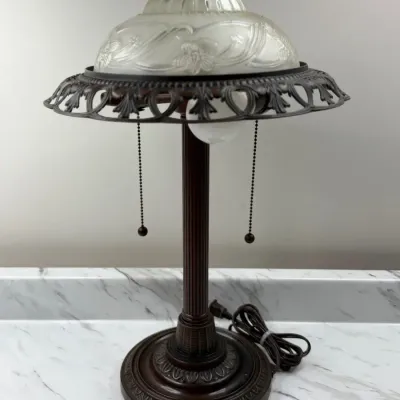 Vintage Art Deco Style Bronze Accent Table Lamp w/ Frosted Etched Glass Shade