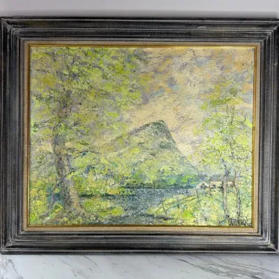This impressionistic landscape painting is signed Grosvenor