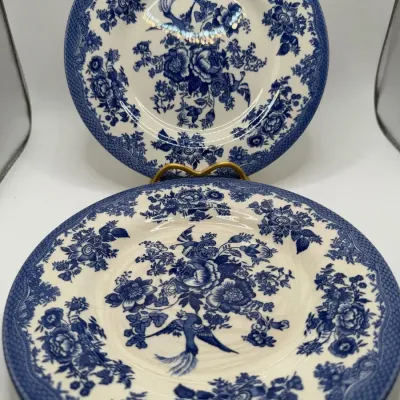 Royal Stafford Asiatic Pheasant Dinner Plates - Dark Blue & White - Made in England - Set of 3