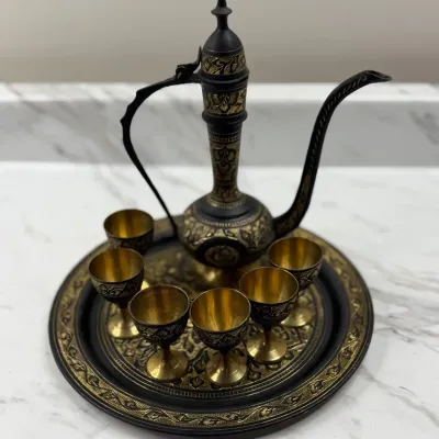 Vintage 8Pc Indian Brass Aftaba Wine Set Black & Gold Etched Cordial Pitcher Tray