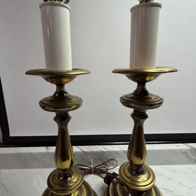 Vintage Mid Century Brass Candlestick Table Lamps - Pair Stiffel Style Hollywood Regency 21"