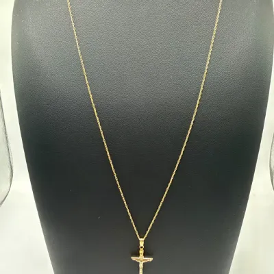 Solid 14K Yellow Gold Crucifix Cross Pendant Necklace 18" Rope Chain 2g Stamped