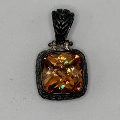 Vintage 925 Sterling Silver Cushion Cut Citrine Pendant W/ Ornate Hinged Bail