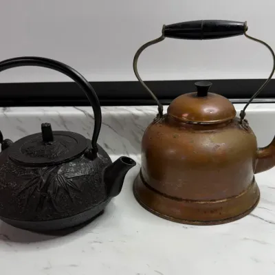 Vintage Japanese Nanbu Tekki Cast Iron Bamboo Tetsubin & Antique Solid Copper Tea Kettle Lot (2 Pcs)