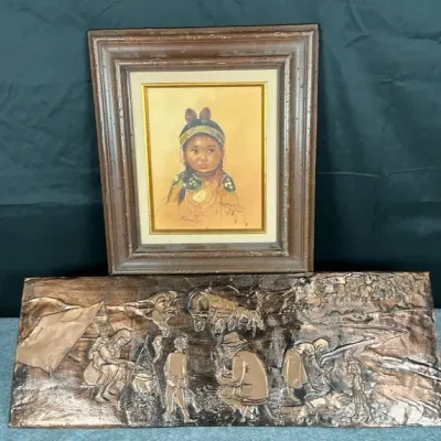 Native American Child Portrait & Embossed Western Pioneer Scene Wall Art