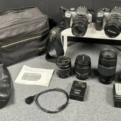 Canon EOS Rebel XT DSLR Camera Lot with 2 Bodies, 5 Canon Lenses, Chargers & Minolta Bag