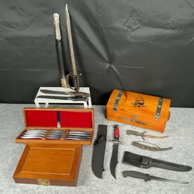 Assorted Knife, Sword & Gerber Steak Knife Collection with Wooden Cases