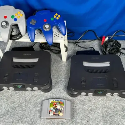 Nintendo 64 Console Lot – 2 Systems, 2 Controllers, Mario Kart 64 & Cables