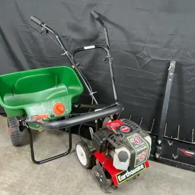 Earthquake MC43 Gas Mini Cultivator, Scotts DLX Spreader & Brinly Lawn Dethatcher