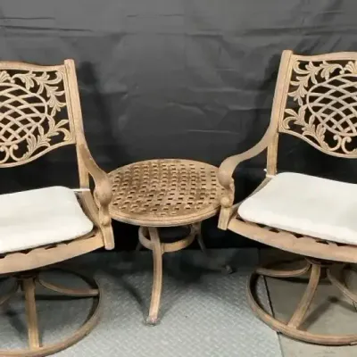 3-Piece Ornate Metal Patio Set with 2 Swivel Rocker Chairs & Side Table