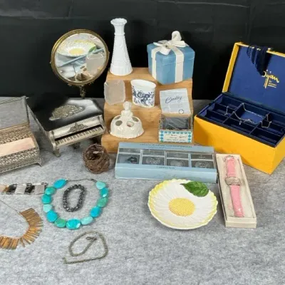 Jewelry, Piano Music Box, Bradley Travel Clock, Mirror & Decorative Collectibles
