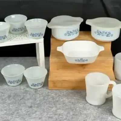 Corning Ware Blue Cornflower Bakeware & Milk Glass Cup Collection