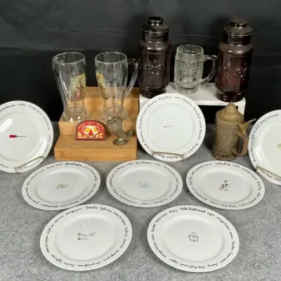 Assorted Barware & Cocktail Collection – Pottery Barn Recipe Plates, Spaten Beer Glasses, Steins & D