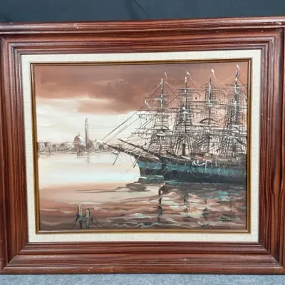 Signed Framed Harbor Sailing Ship Painting – Roger C. Sills Gallery