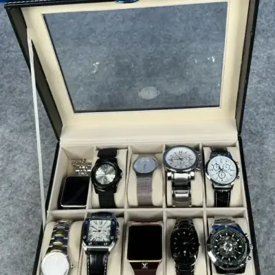 10-Piece Assorted Wristwatch Collection with Glass-Top Display Case