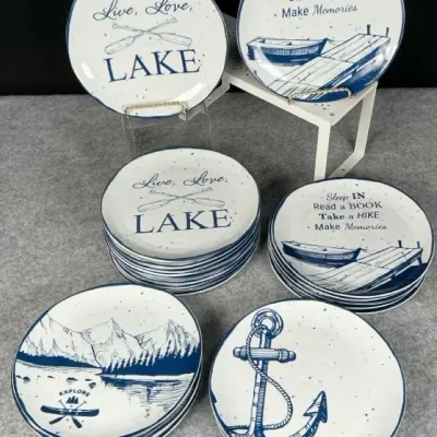 Lake-Themed Blue & White Ceramic Plate Collection – Assorted Designs